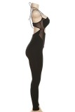Svarta sexiga solid urholkade genomskinliga rygglösa spaghettiband Skinny jumpsuits