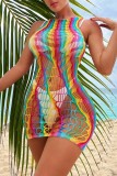 Kleur sexy patchwork uitgehold doorzichtige swimwears cover-up