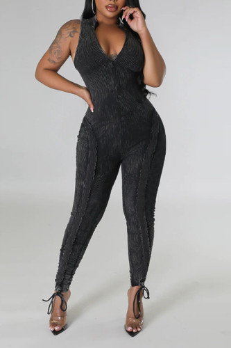 Black Casual Solid Patchwork Stringy Selvedge Zipper Collar Skinny Jumpsuits
