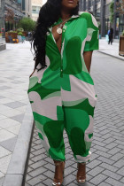 Groene casual streetprint patchwork losse jumpsuits met ritskraag