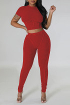 Roter Sportswear-Zweiteiler mit einfarbigem Patchwork und O-Ausschnitt und kurzen Ärmeln