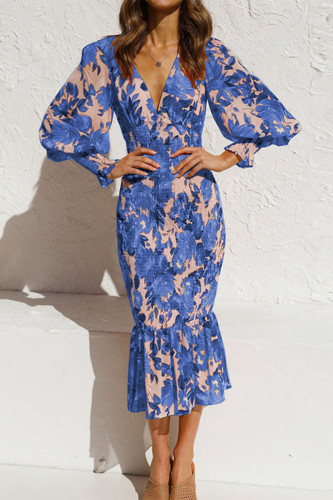 Blue Daily Elegant Print Flounce V Neck Trumpet Mermaid Dresses