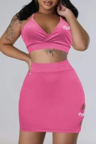Pink Sexy Casual Letter Embroidery Backless V Neck Sleeveless Two Pieces