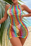 Цветной сексуальный пэчворк с выдолбленными прозрачными купальниками Cover Up