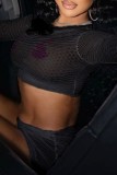 Black Sexy Solid See-through O Neck Long Sleeve Two Pieces