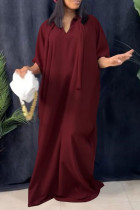 バーガンディ カジュアル ソリッド 包帯 パッチワーク リボンカラー ストレート ドレス