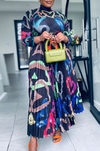 Black Casual Print Patchwork Fold Without Belt O Neck Long Sleeve Two Pieces(Without Belt)