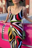 Colour Sexy Print Backless Spaghetti Strap Skinny Jumpsuits
