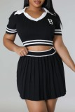 Black Casual Letter Patchwork Turndown Collar Short Sleeve Two Pieces