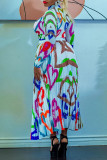 Озерно-синий Повседневный принт в стиле пэчворк Складка без пояса О-образный вырез с длинным рукавом Из двух частей (без пояса)