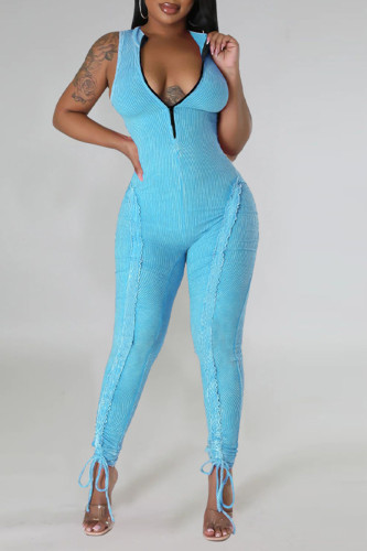 Light Blue Casual Solid Patchwork Stringy Selvedge Zipper Collar Skinny Jumpsuits