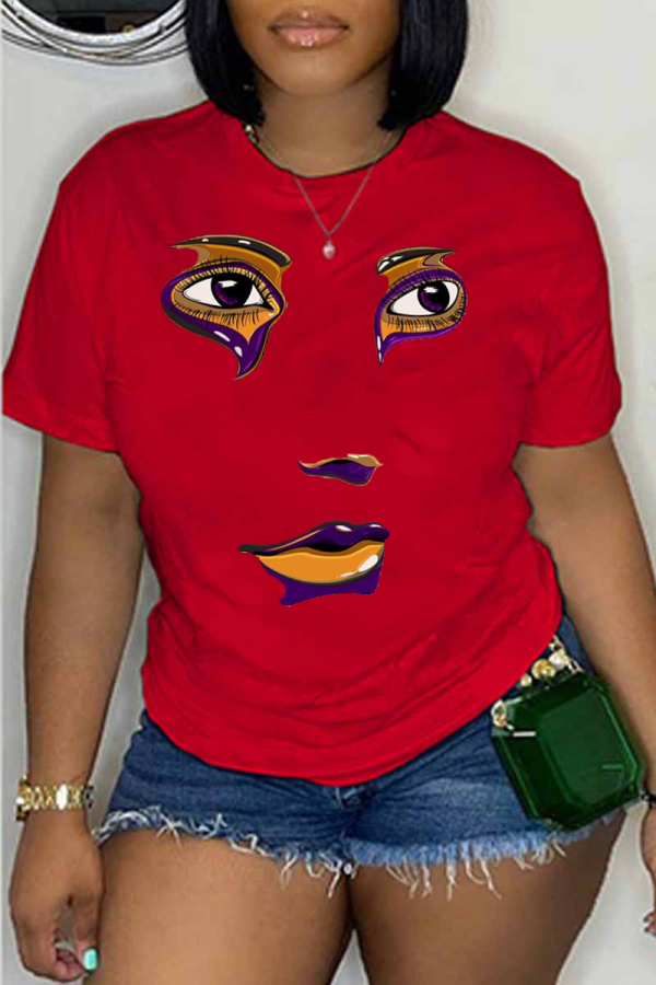 T-shirt con scollo a O patchwork con stampa di strada casual rosse