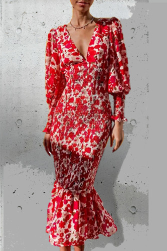 Red Daily Elegant Print Flounce V Neck Trumpet Mermaid Dresses