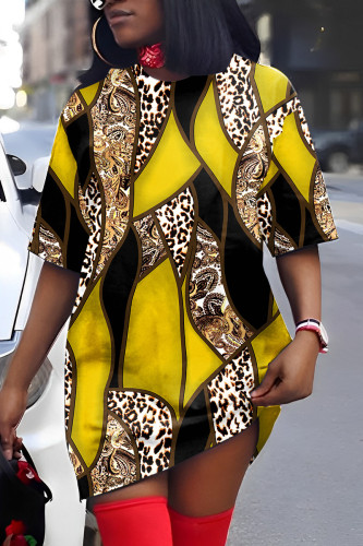 Yellow Casual Print Patchwork V Neck Short Sleeve Dress