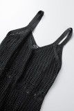 Robe longue noire sexy à bretelles spaghetti fendue dos nu solide