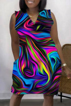 Многоцветный повседневный принт в стиле пэчворк V-образным вырезом без рукавов Платье Платья