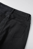 Deep Blue Casual Solid Tassel Patchwork High Waist Regular Denim Jeans