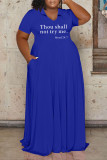 Blue Casual Letter Print Patchwork V Neck Straight Plus Size Dresses