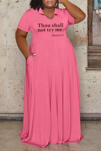 Rose Red Casual Letter Print Patchwork V Neck Straight Plus Size Dresses