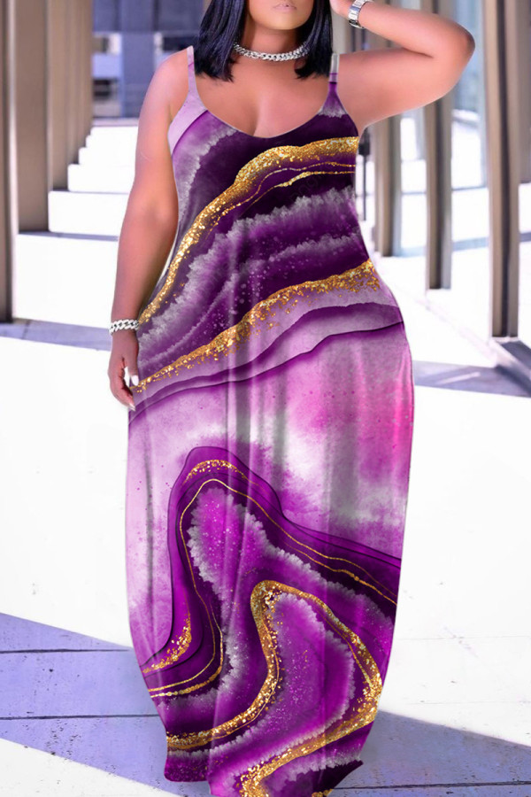 Фиолетовое сексуальное повседневное длинное платье с открытой спиной и бретельками с принтом Платья