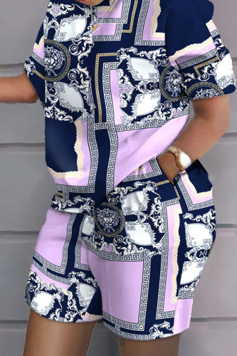 Light Purple Casual Street Print Patchwork O Neck Two Pieces