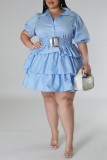 Светло-голубая повседневная сплошная лоскутная юбка с отложным воротником и тортом Платья больших размеров