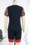 Deep Blue Casual Print Leopard Patchwork O Neck Short Sleeve Two Pieces