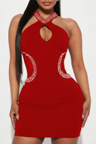 Red Sexy Solid Patchwork Hot Drill Pencil Skirt Dresses