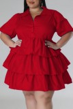 Robes de grande taille rouge décontracté solide patchwork col rabattu gâteau jupe