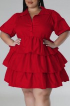 Red Casual Solid Patchwork Turndown Collar Cake Skirt Plus Size Dresses