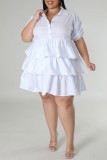 Белая повседневная сплошная лоскутная юбка с отложным воротником и тортом Платья больших размеров