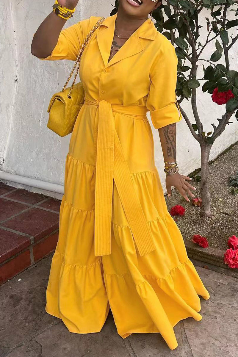 

Yellow Casual Solid Bandage Patchwork Buckle Turndown Collar Straight Dresses