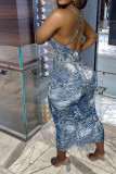 Королевский синий сексуальный принт в стиле пэчворк спагетти ремень юбка-карандаш платья