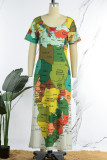 Flerfärgad Casual Print Basic O-hals kortärmad klänning