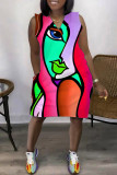 Vestido sin mangas con cuello en V y patchwork con estampado informal fucsia Vestidos