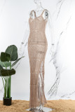 Светло-кофейное сексуальное однотонное длинное платье с открытой спиной и разрезом на тонких бретелях