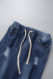 Jeans in denim regolari a vita alta strappati casual blu scuro