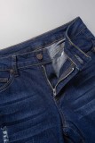 Jeans de mezclilla ajustados de cintura media rasgados sólidos informales azul profundo