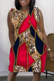 Rode casual print patchwork mouwloze jurk met V-hals