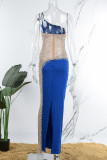 Vestido largo correa de espagueti sin espalda transparente de perforación en caliente sexy azul Vestidos