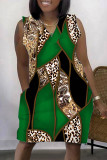 Groene casual print patchwork V-hals mouwloze jurkjurken
