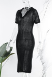 Zwarte sexy casual effen uitgeholde jurk met korte mouwen en v-hals