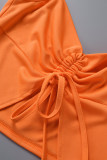 Orange Sexy Solid Draw String Frenulum Backless Halter Sleeveless Two Pieces