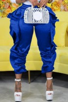 Calças de retalhos convencionais de cintura alta casuais lisas azuis