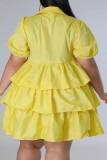 Yellow Casual Solid Patchwork Turndown Collar Cake Skirt Plus Size Dresses