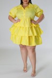 イエロー カジュアル ソリッド パッチワーク ターンダウン カラー ケーキ スカート プラス サイズ ドレス
