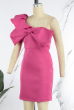 ローズレッドのセクシーなソリッドパッチワークフラウンス付きボウ斜めカラーのイブニングドレスドレス
