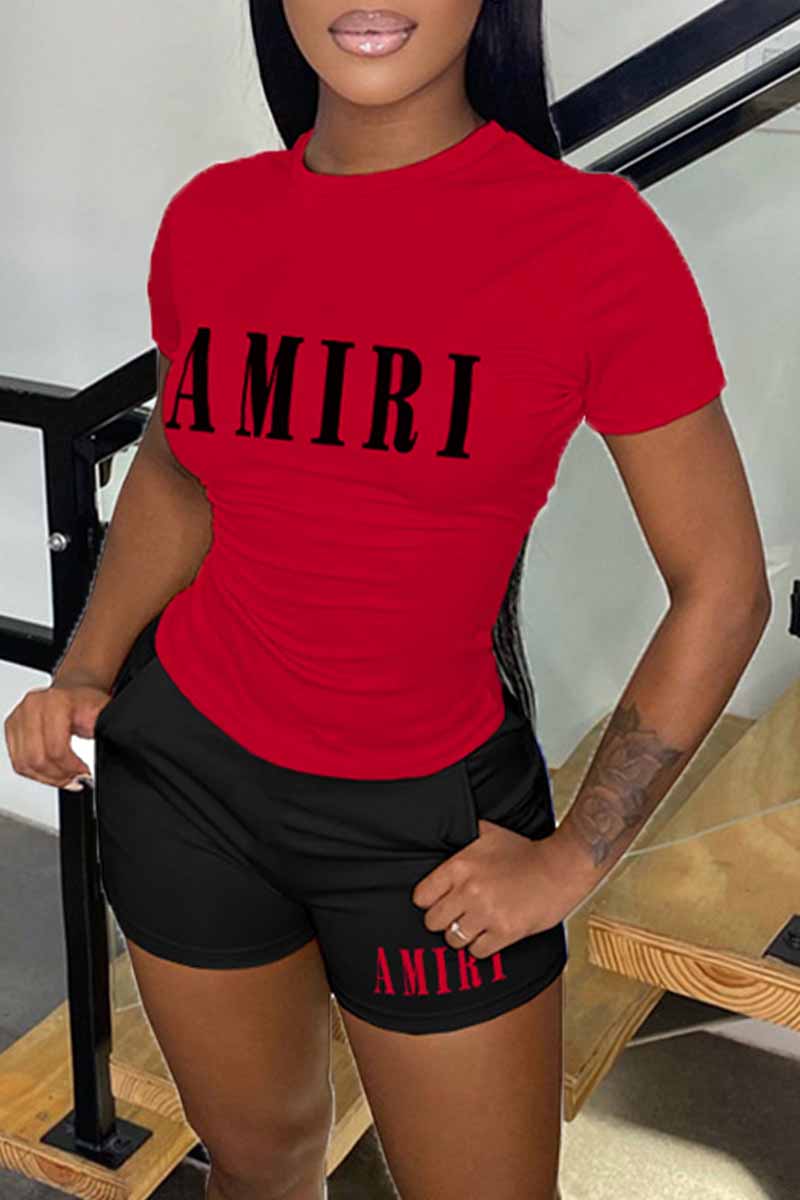 

Red Casual Print Letter O Neck Short Sleeve Two Pieces