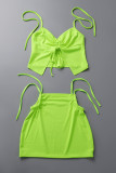 Fluorescent Green Sexy Solid Draw String Frenulum Backless Halter Sleeveless Two Pieces