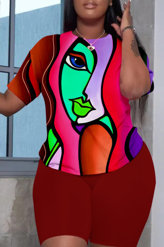 Deep Red Rainbow Casual Print Basic O Neck Short Sleeve Two Pieces T-shirt Tops And Shorts Sets
